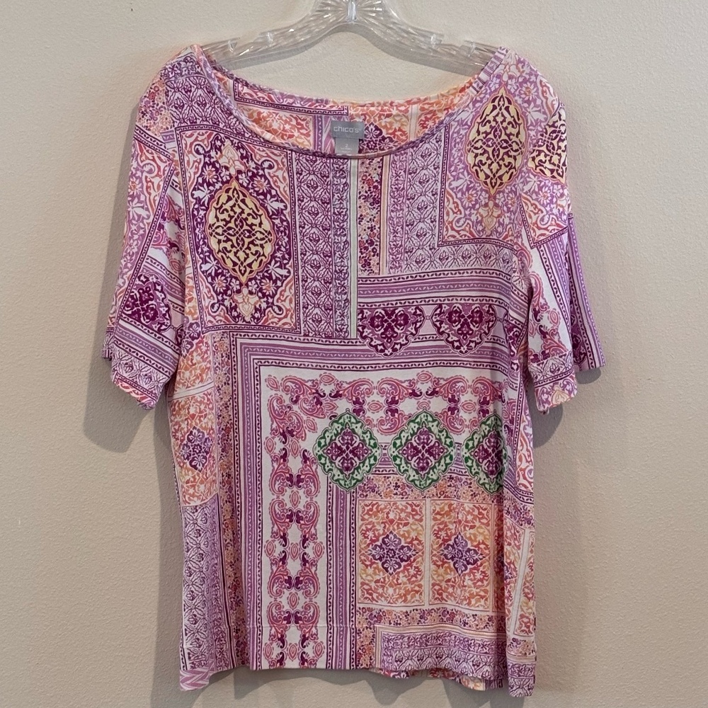 Chico's Women's Short Sleeve Multicolor Top Blouse Shirt SZ 2 = U.S. SZ 12